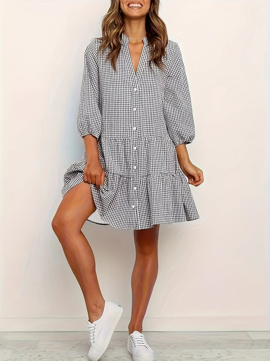 Stella - Women's short gingham dress with 3/4 sleeves and buttoned collar