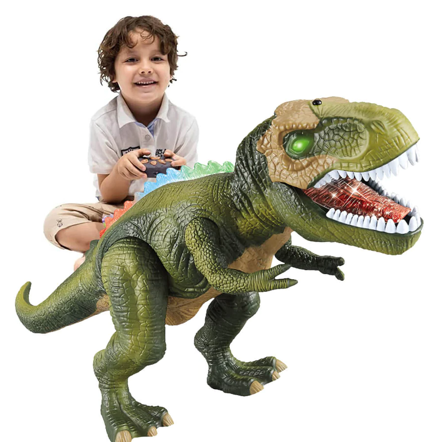 Remote-controlled dinosaur toy with sounds, LED lights, and realistic walking