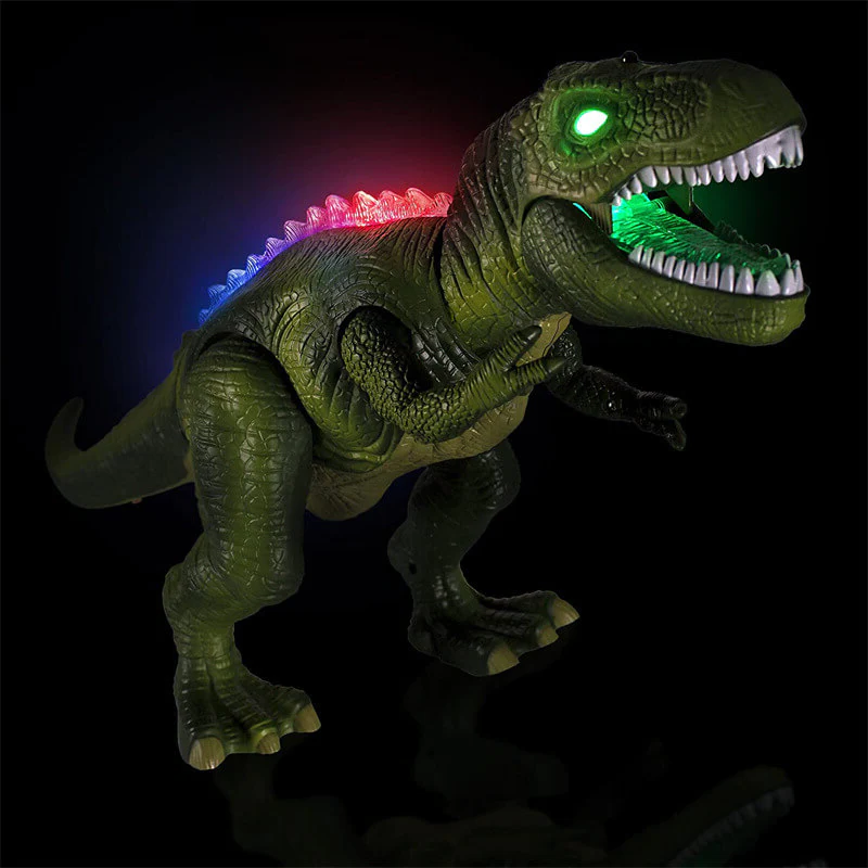 Remote-controlled dinosaur toy with sounds, LED lights, and realistic walking