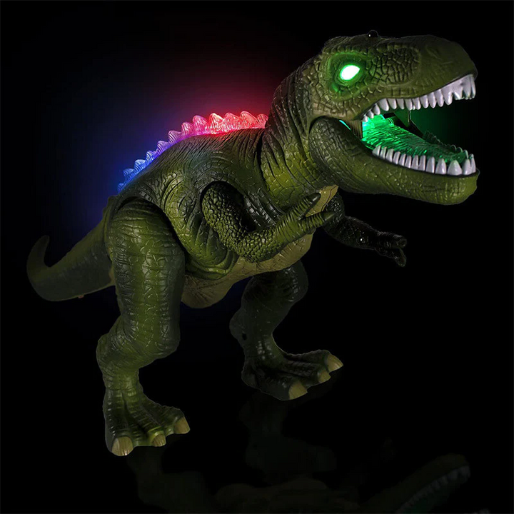 Remote-controlled dinosaur toy with sounds, LED lights, and realistic walking