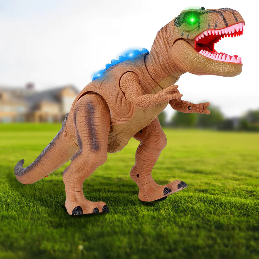 Remote-controlled dinosaur toy with sounds, LED lights, and realistic walking