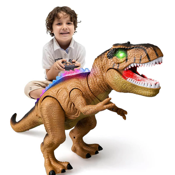 Remote-controlled dinosaur toy with sounds, LED lights, and realistic walking