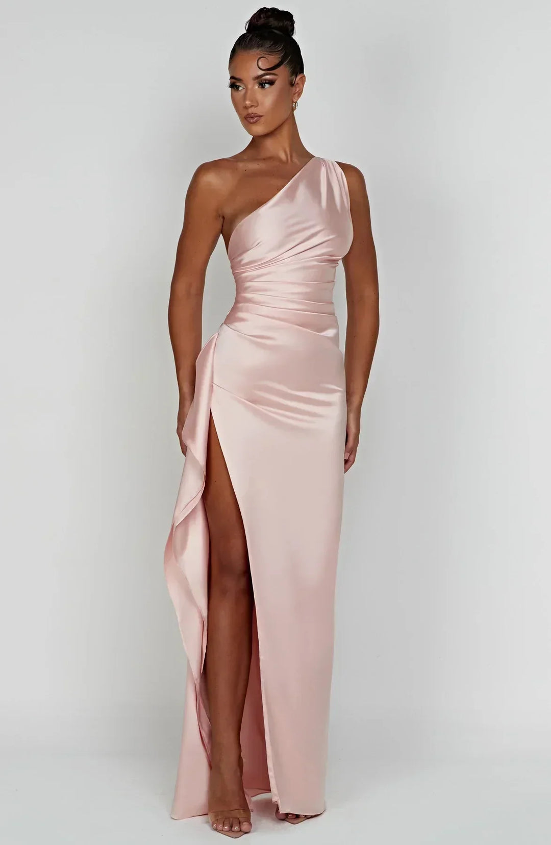 Draped One Shoulder Split Hem Satin Gown - Evening Formal