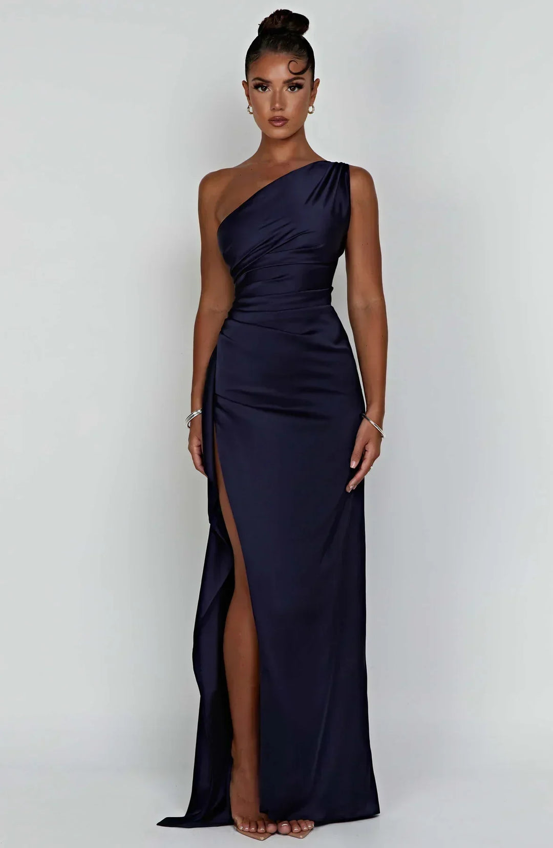 Draped One Shoulder Split Hem Satin Gown - Evening Formal