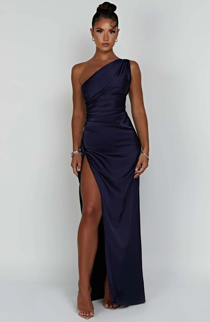 Draped One Shoulder Split Hem Satin Gown - Evening Formal