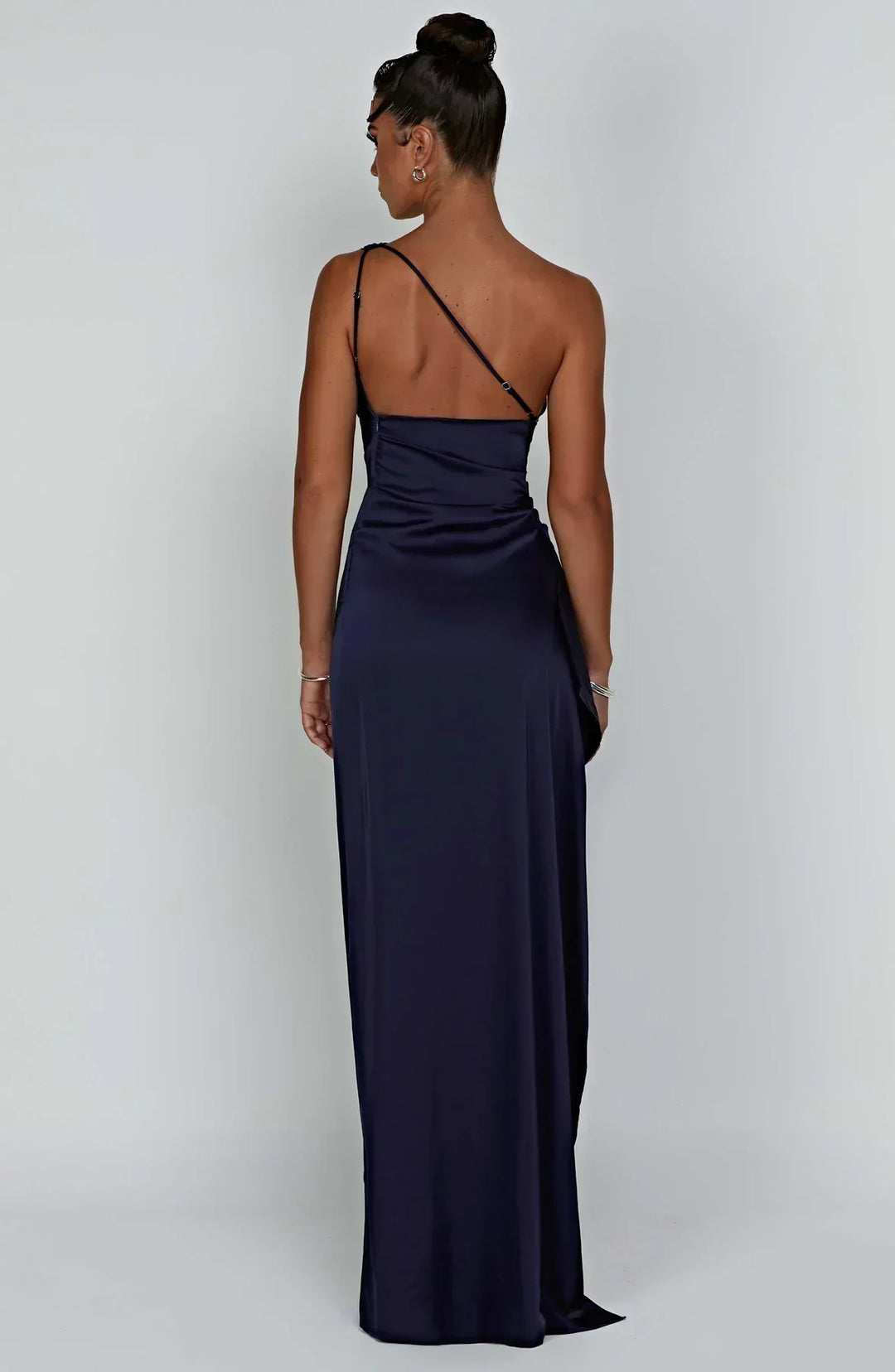 Draped One Shoulder Split Hem Satin Gown - Evening Formal