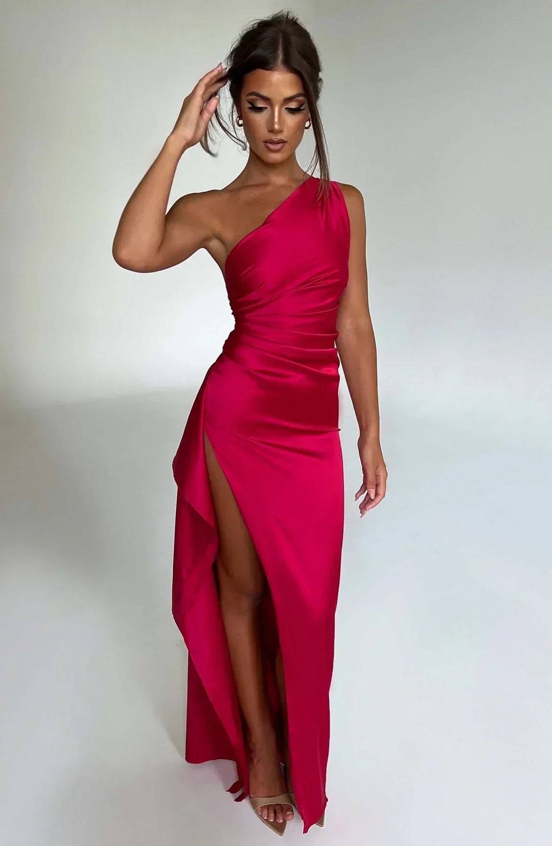 Draped One Shoulder Split Hem Satin Gown - Evening Formal