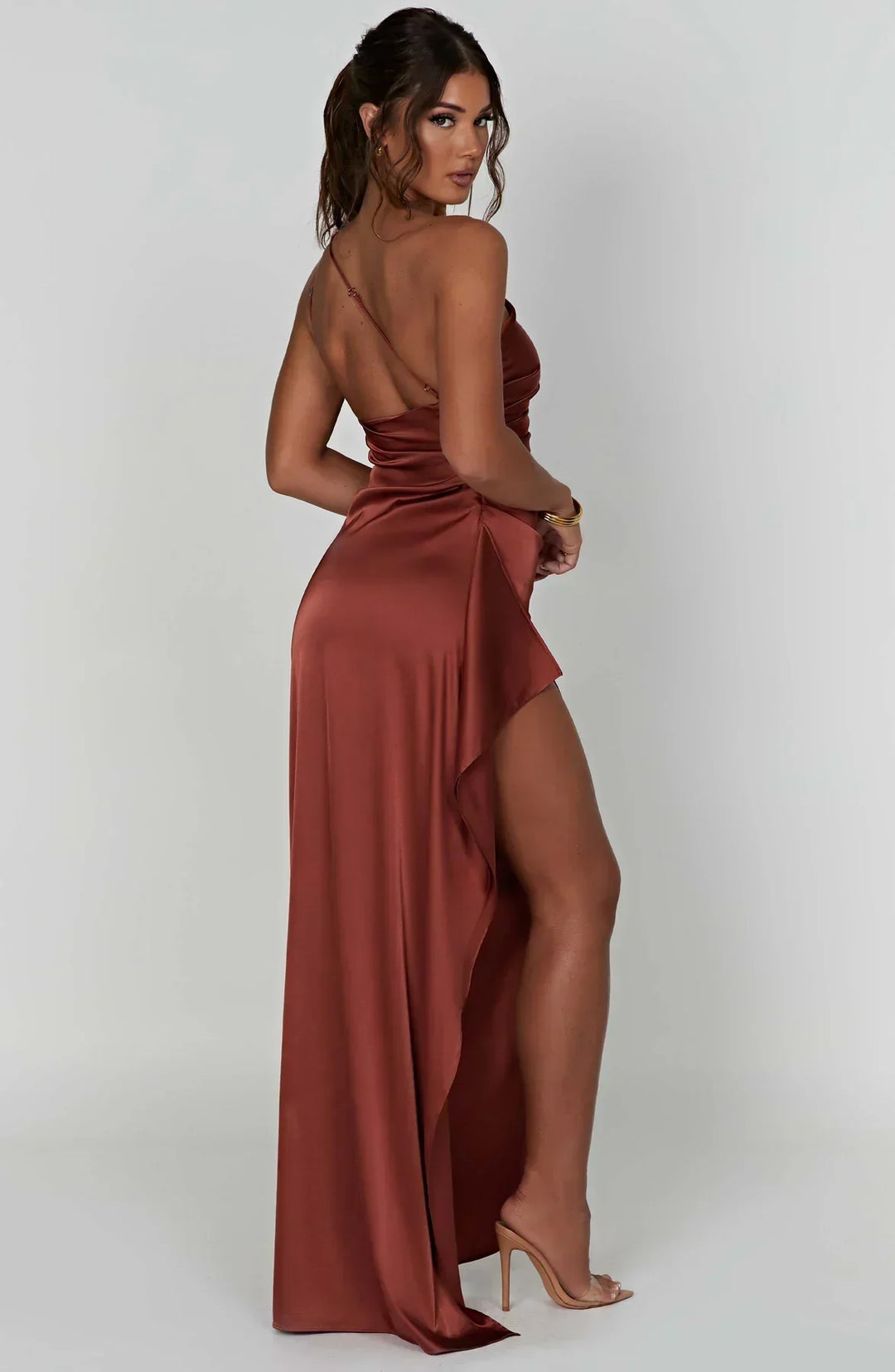 Draped One Shoulder Split Hem Satin Gown - Evening Formal