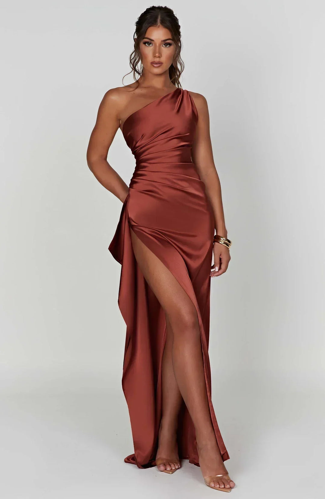 Draped One Shoulder Split Hem Satin Gown - Evening Formal