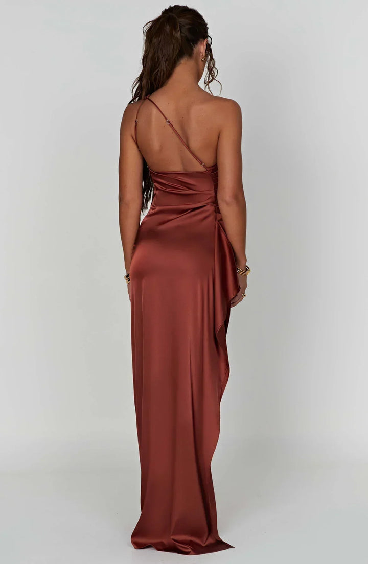 Draped One Shoulder Split Hem Satin Gown - Evening Formal
