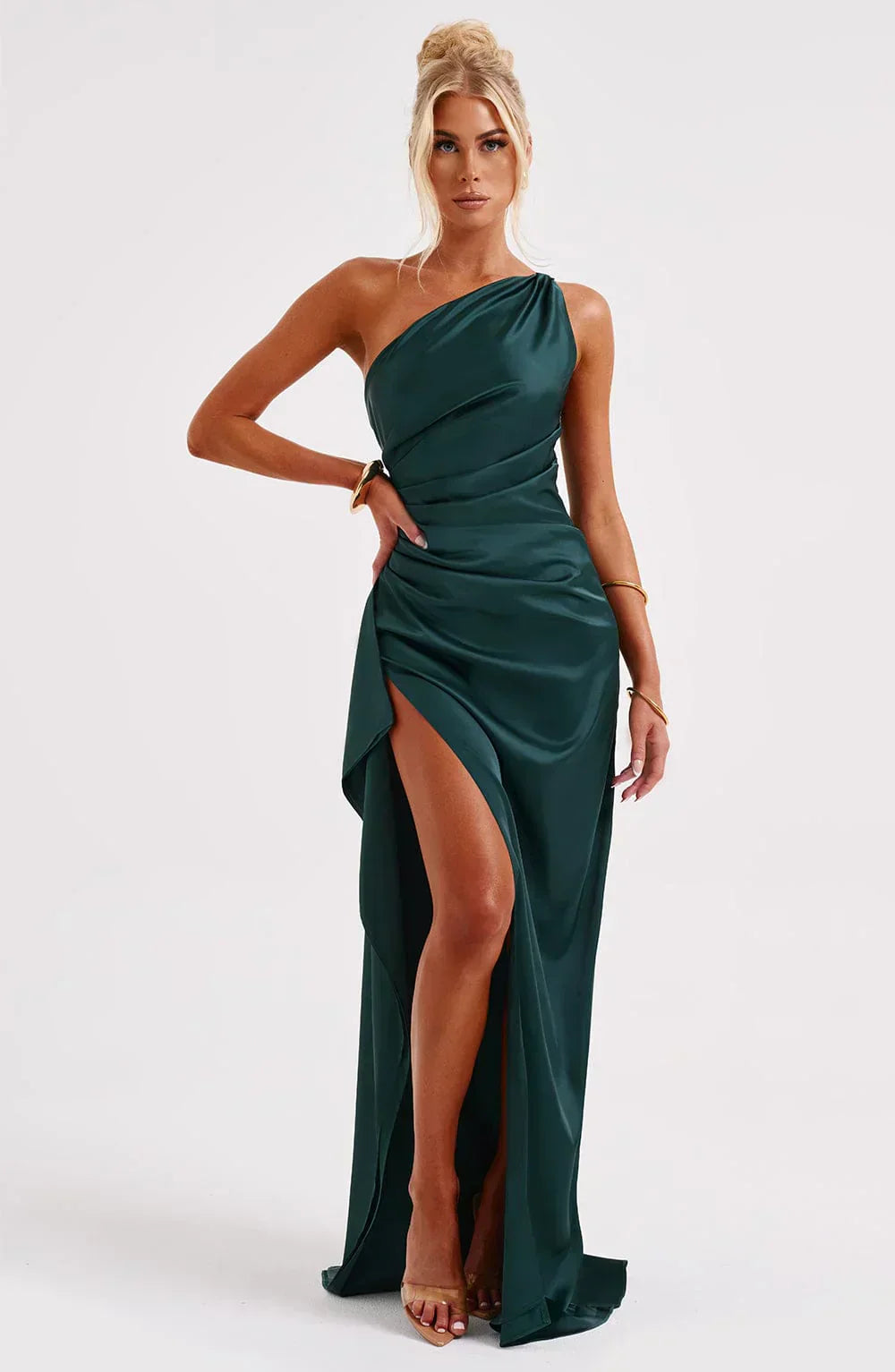 Draped One Shoulder Split Hem Satin Gown - Evening Formal
