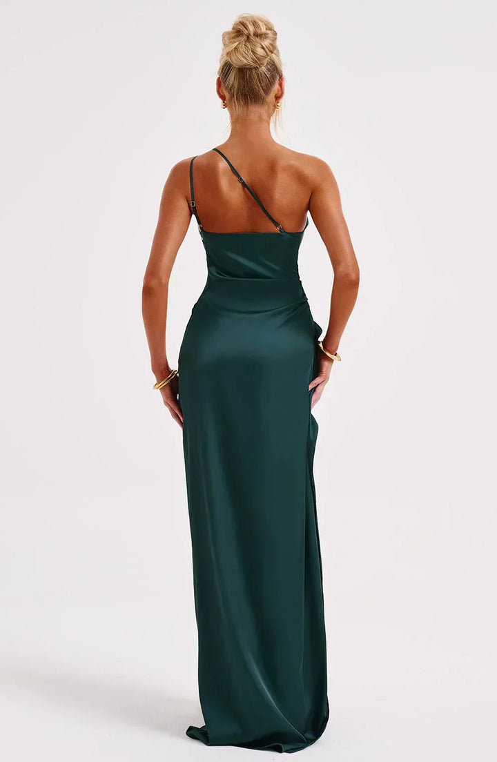 Draped One Shoulder Split Hem Satin Gown - Evening Formal