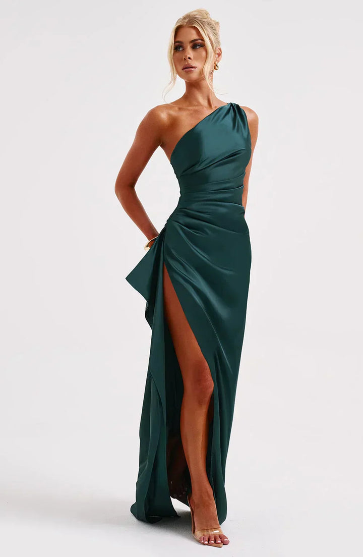 Draped One Shoulder Split Hem Satin Gown - Evening Formal