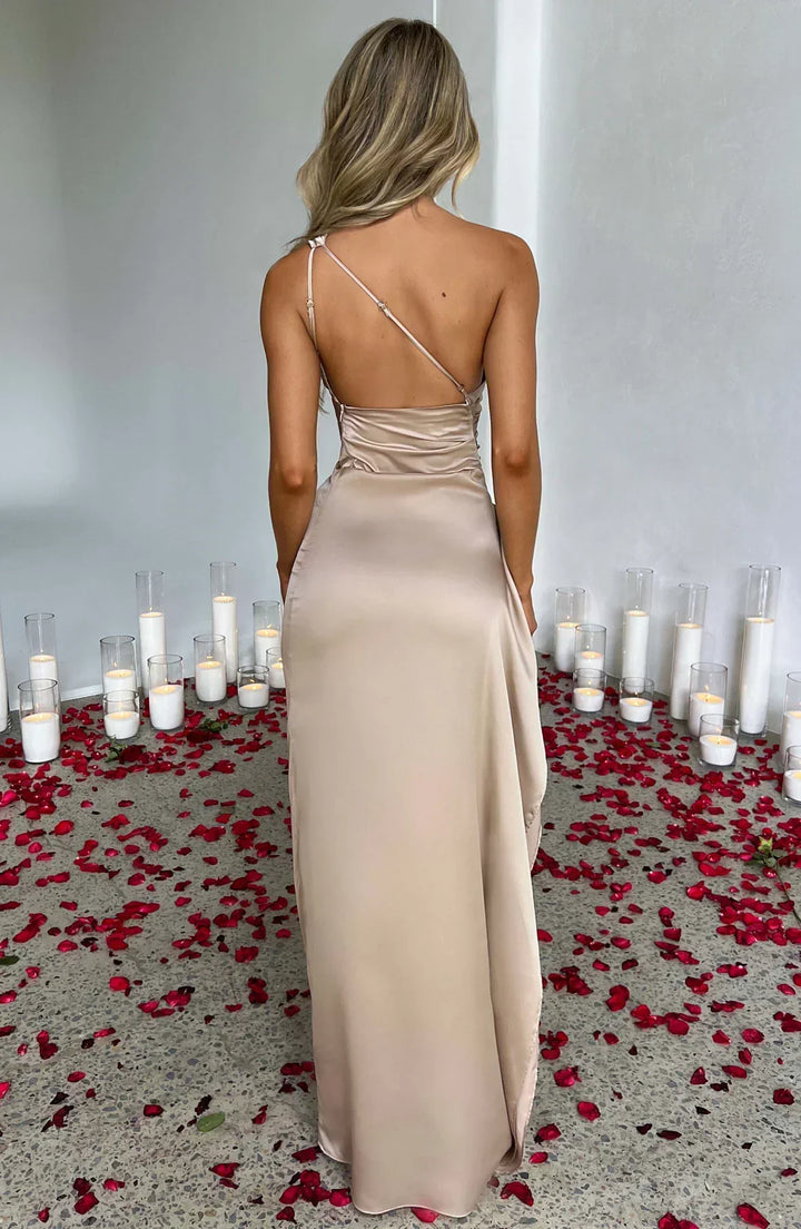 Draped One Shoulder Split Hem Satin Gown - Evening Formal