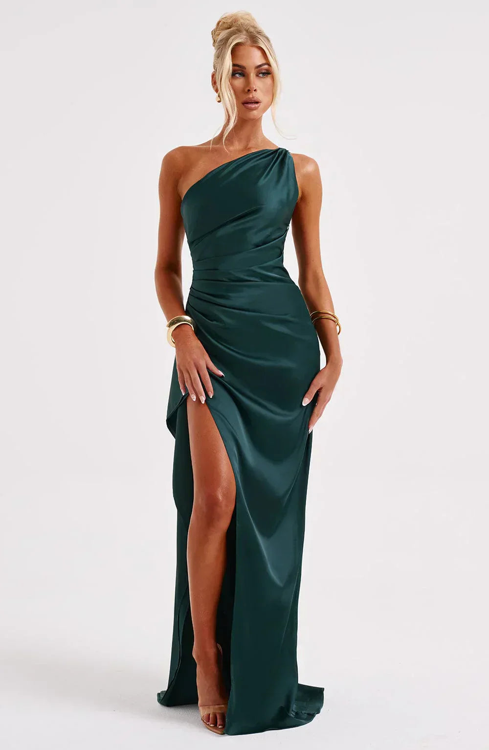 Draped One Shoulder Split Hem Satin Gown - Evening Formal
