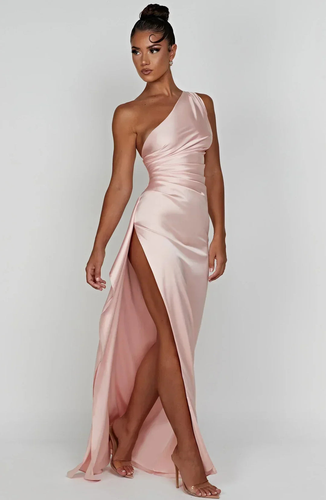 Draped One Shoulder Split Hem Satin Gown - Evening Formal