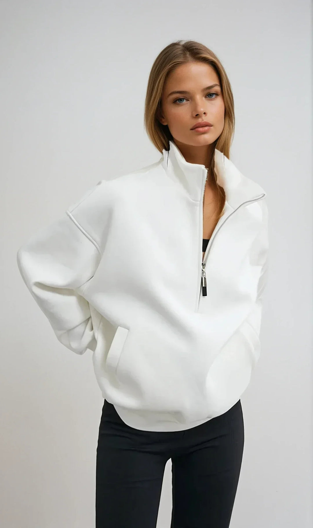 Laura - Women's oversized half-zip white cotton hoodie