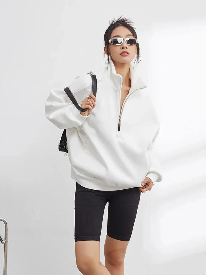 Laura - Women's oversized half-zip white cotton hoodie