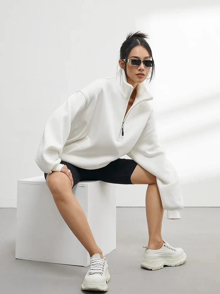 Laura - Women's oversized half-zip white cotton hoodie