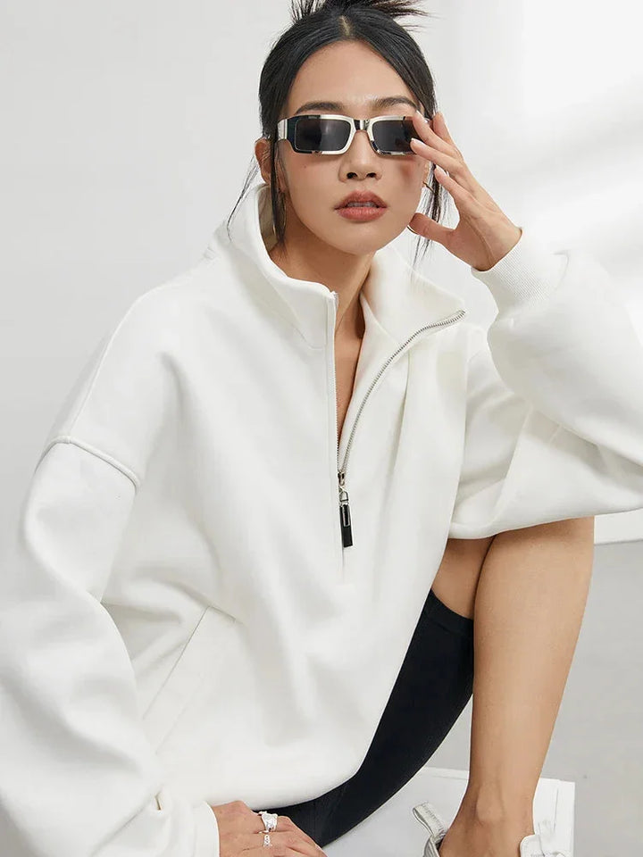 Laura - Women's oversized half-zip white cotton hoodie