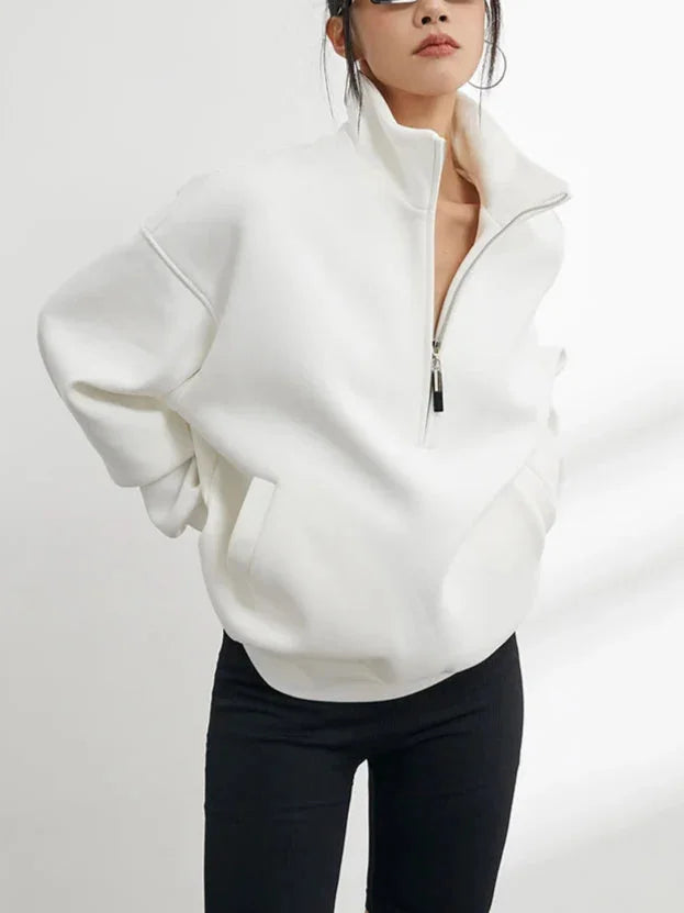 Laura - Women's oversized half-zip white cotton hoodie