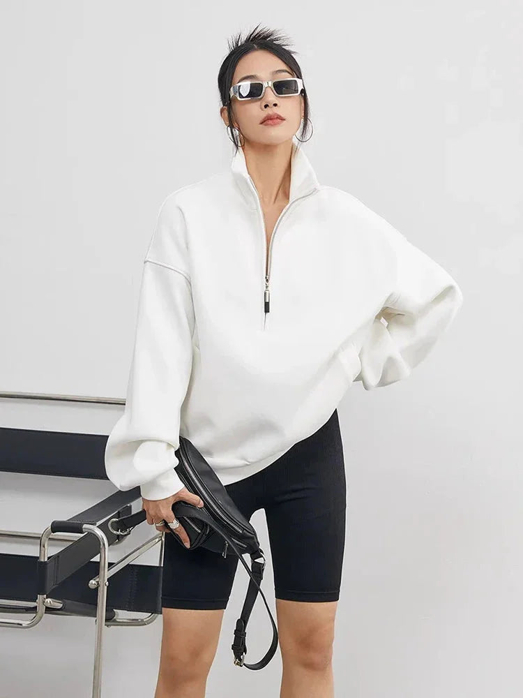Laura - Women's oversized half-zip white cotton hoodie