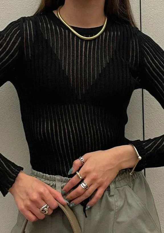 Thea - Women's Sheer Ribbed Knit Casual Style Sweater