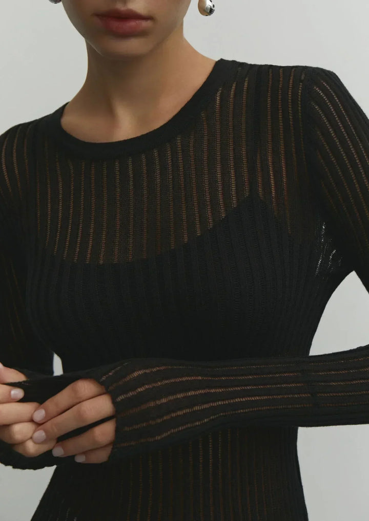 Thea - Women's Sheer Ribbed Knit Casual Style Sweater