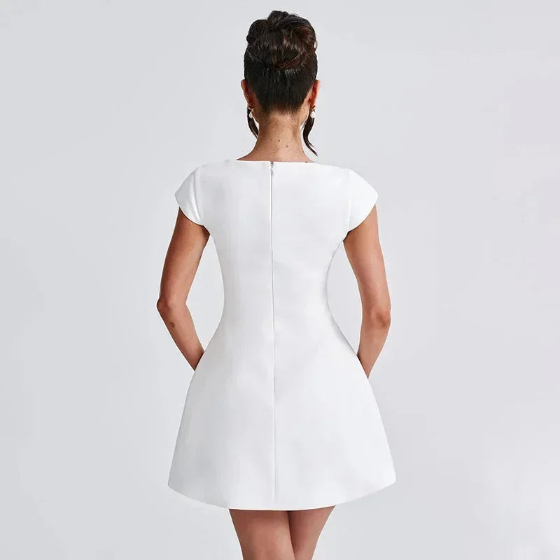 Adeline - Short white evening dress for women with a square neckline