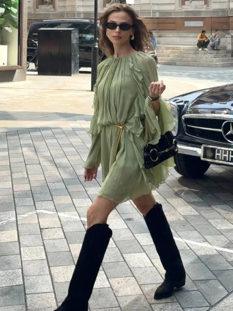 Naomi - Women's short light green ruffled evening dress with long sleeves