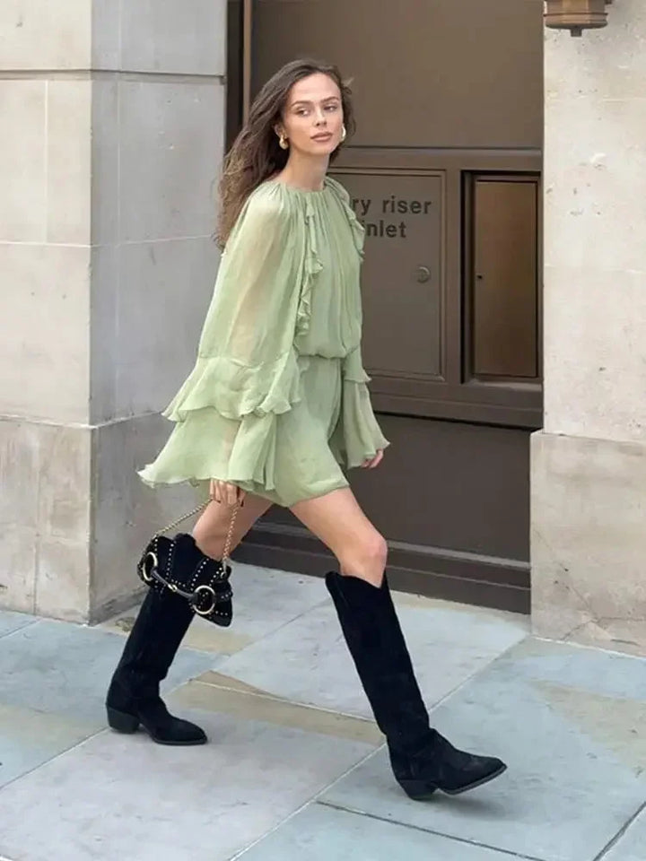 Naomi - Women's short light green ruffled evening dress with long sleeves