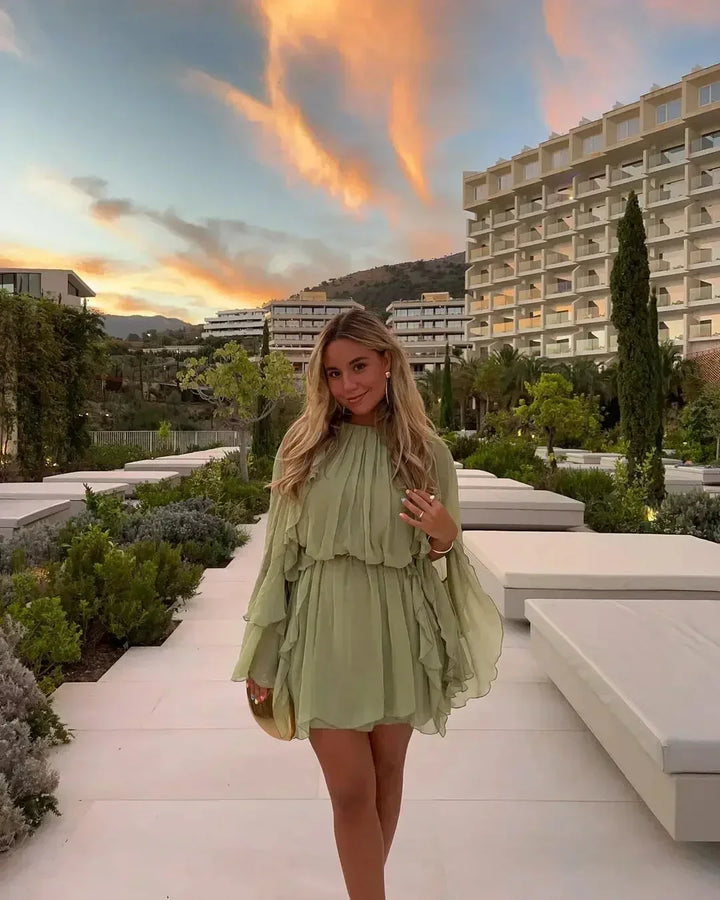Naomi - Women's short light green ruffled evening dress with long sleeves