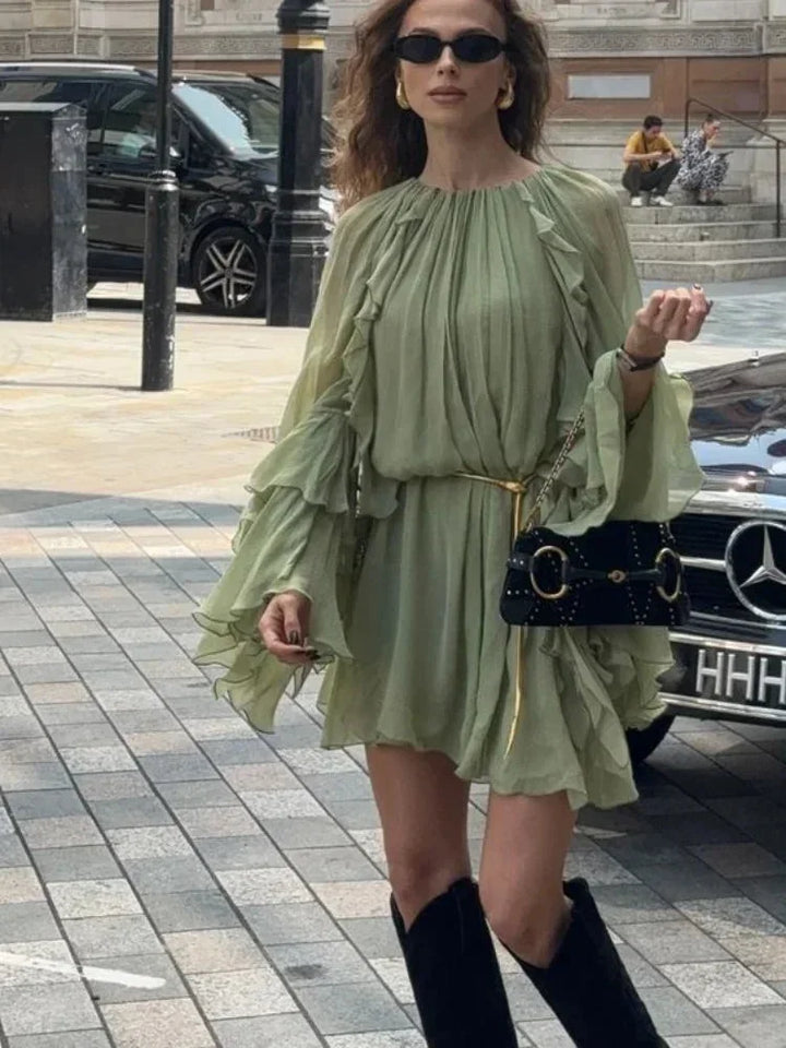 Naomi - Women's short light green ruffled evening dress with long sleeves