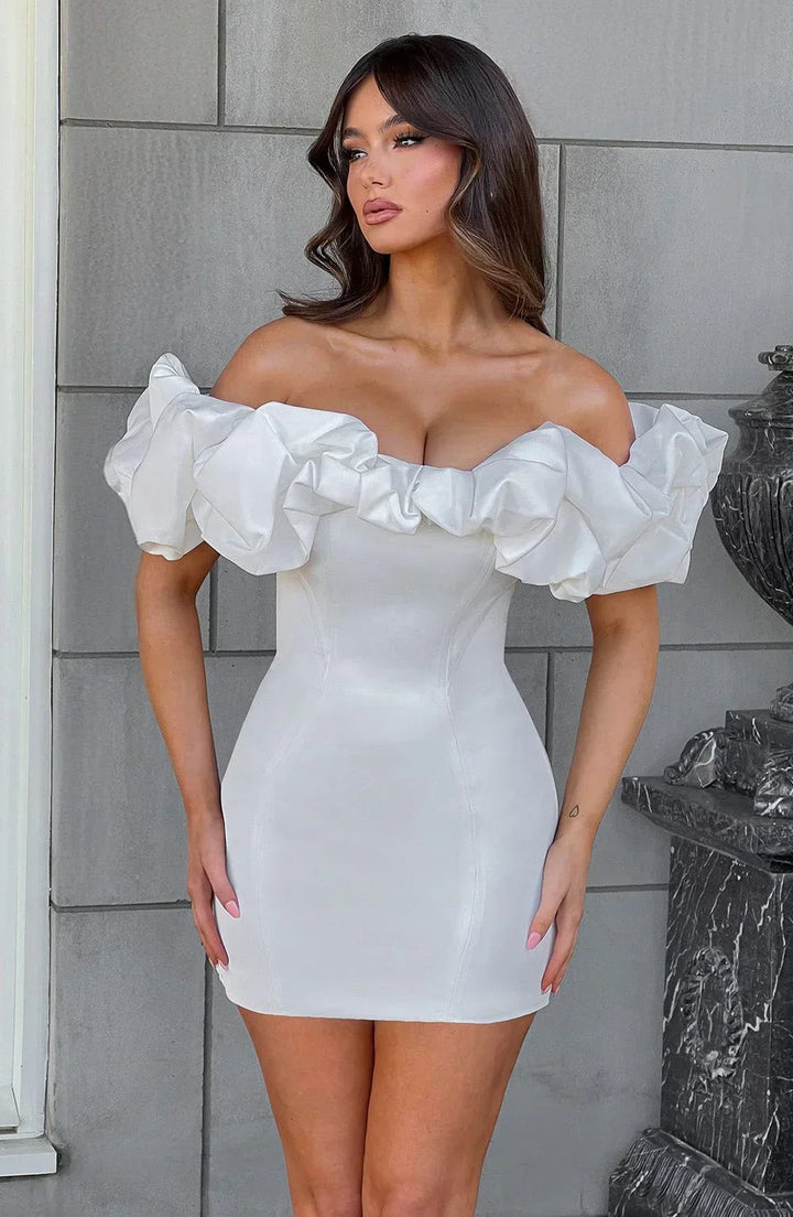 Women’s White Ruffle Evening Mini Dress