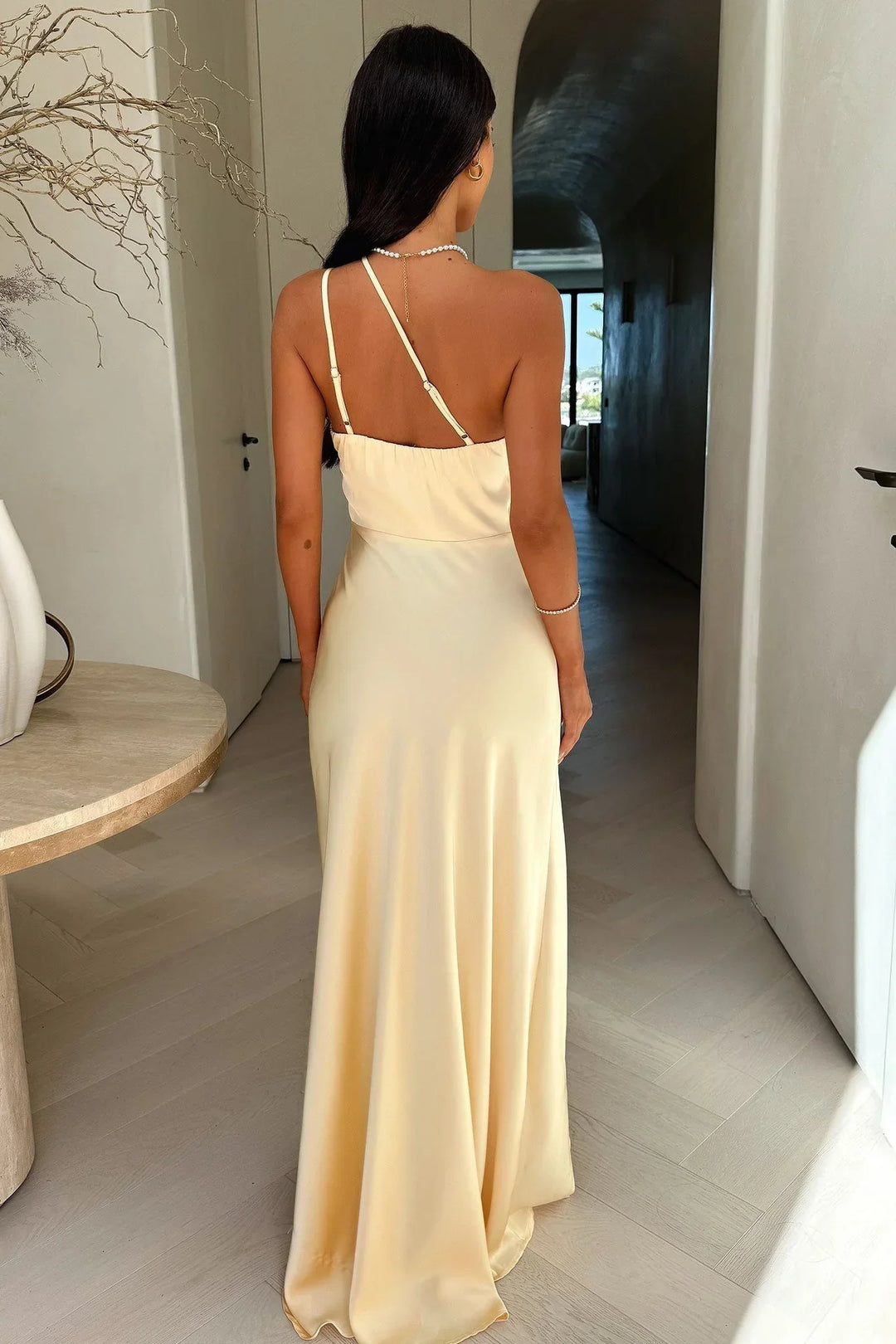 Cassandra - Women's beige asymmetric maxi dress with slit