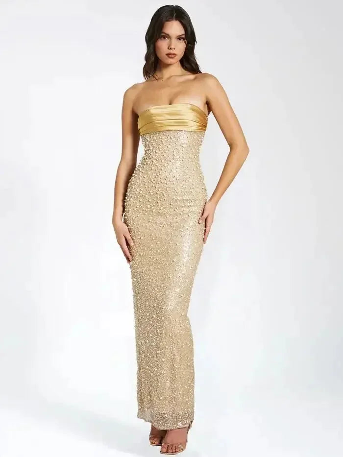 Aisha - Long strapless gold sequined dress with a straight neckline