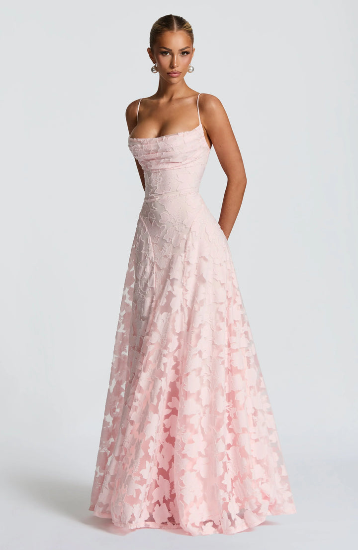 Sophia - Women's long dress with thin straps and floral patterns