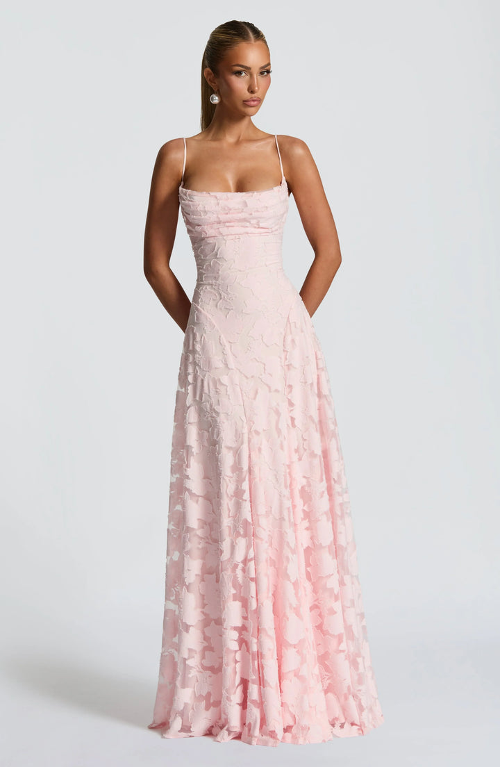 Sophia - Women's long dress with thin straps and floral patterns