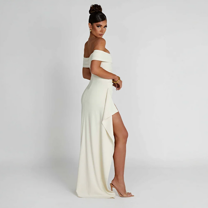 Jade - Women's long dress with bare shoulders and slit
