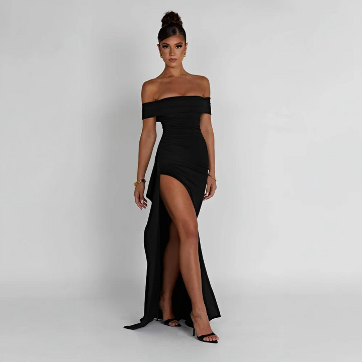 Jade - Women's long dress with bare shoulders and slit