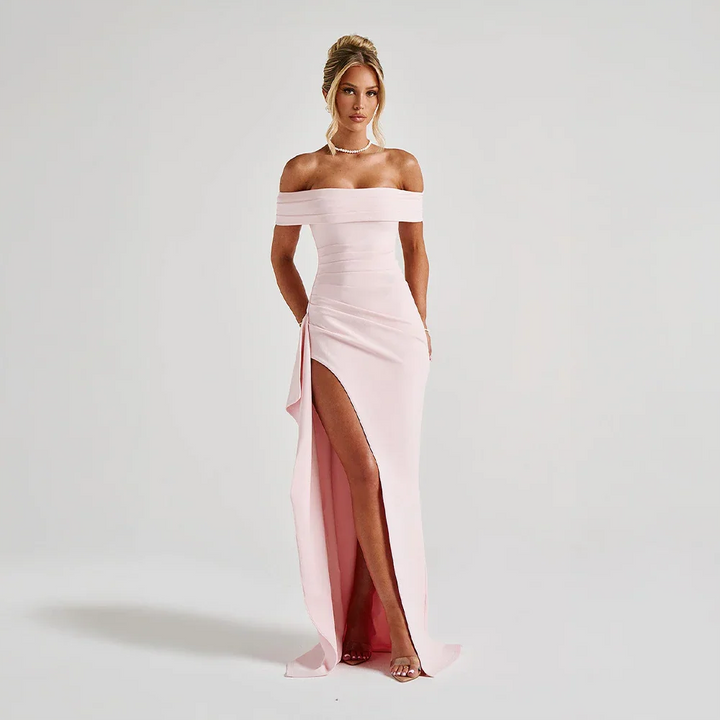 Jade - Women's long dress with bare shoulders and slit