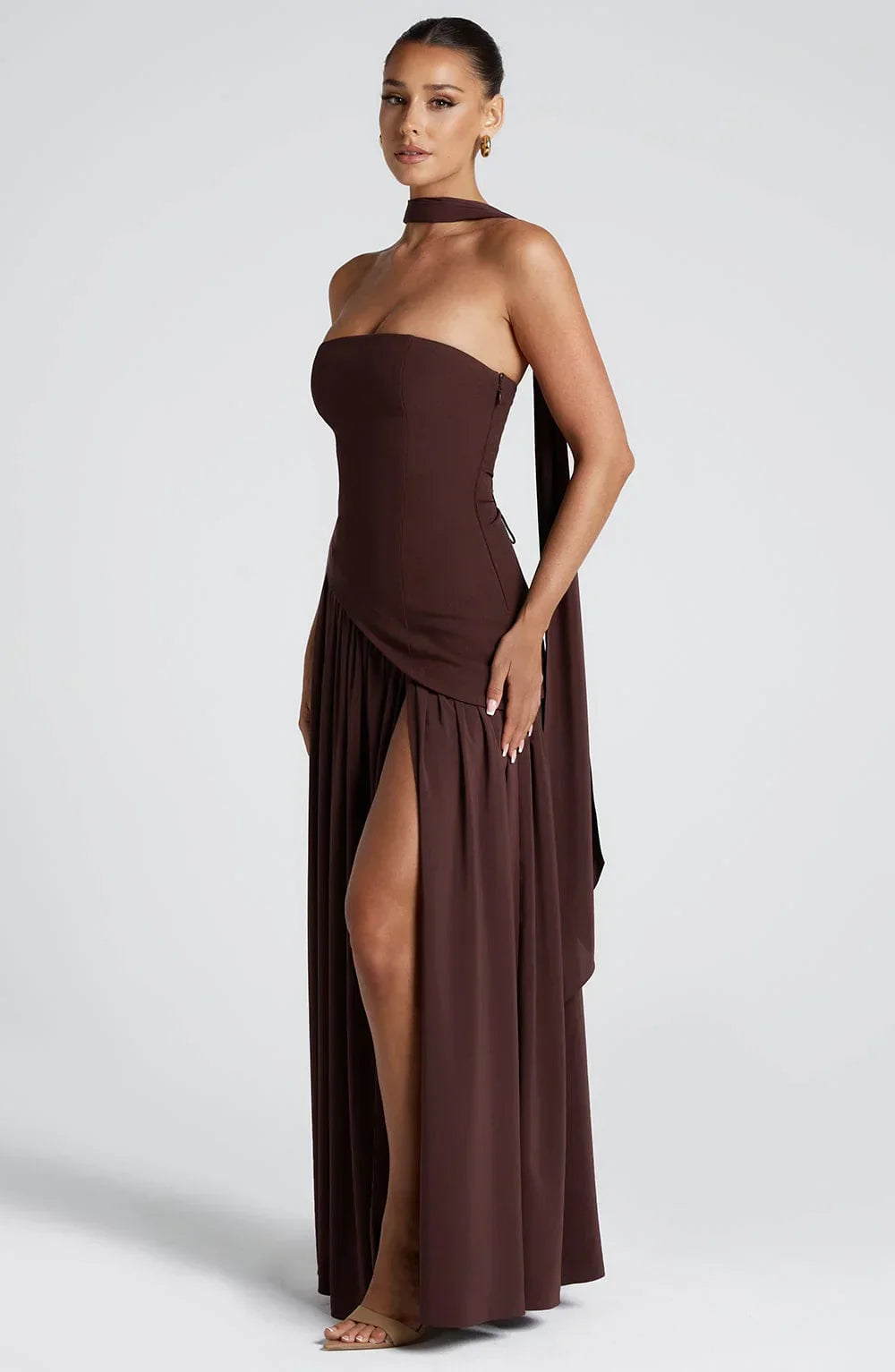 Bianca - Long strapless corset dress with scarf detail and high slit