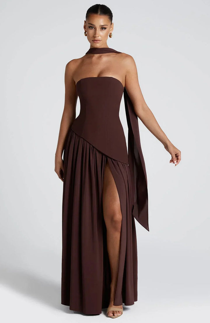 Bianca - Long strapless corset dress with scarf detail and high slit