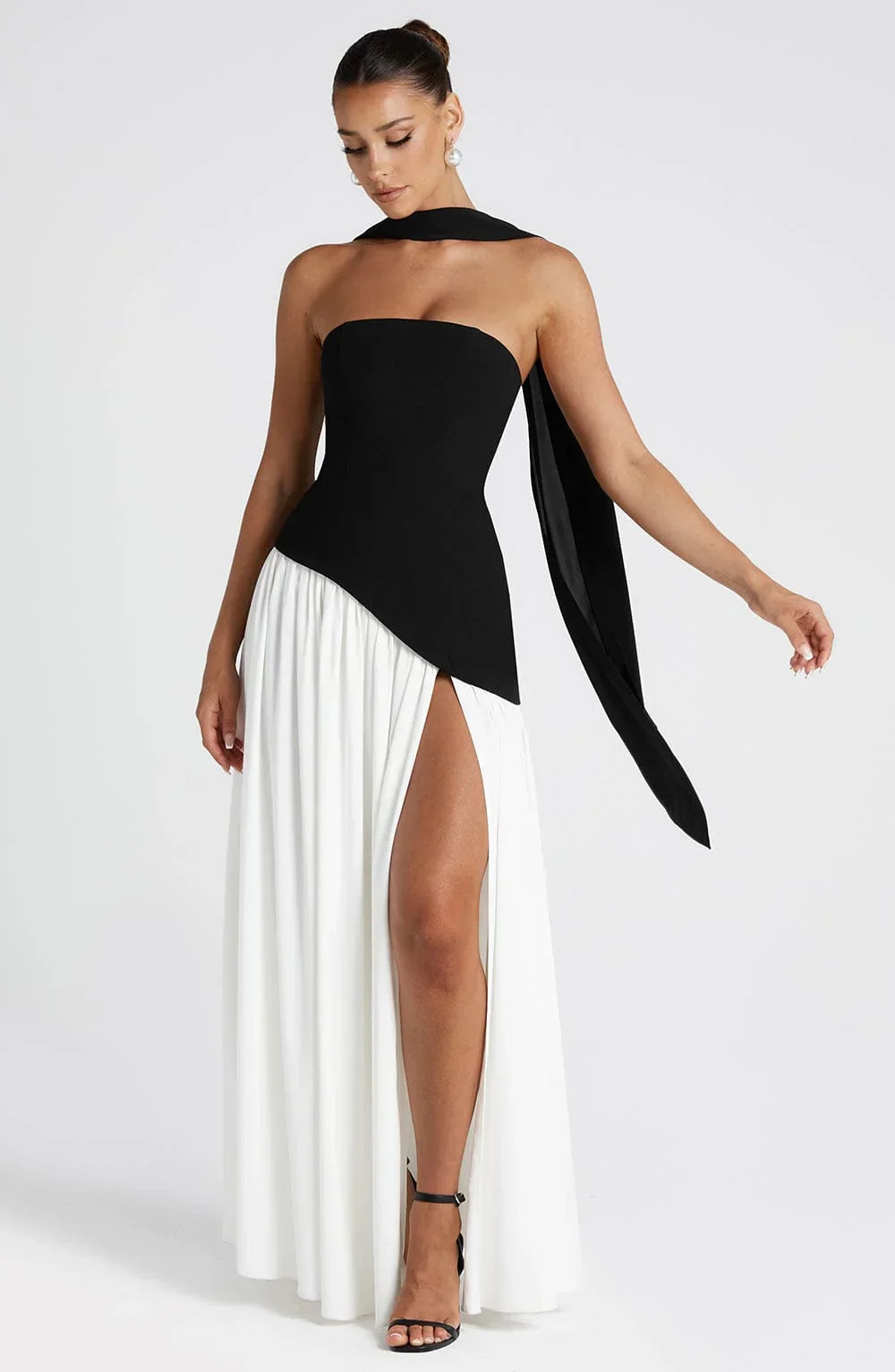 Bianca - Long strapless corset dress with scarf detail and high slit