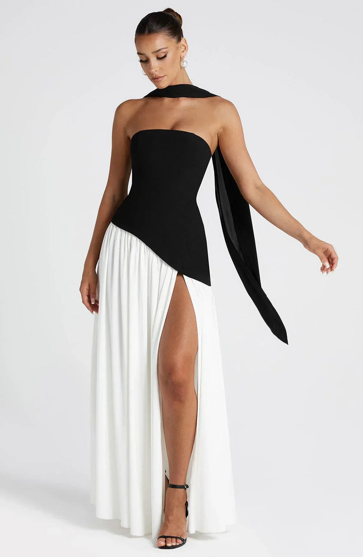 Bianca - Long strapless corset dress with scarf detail and high slit