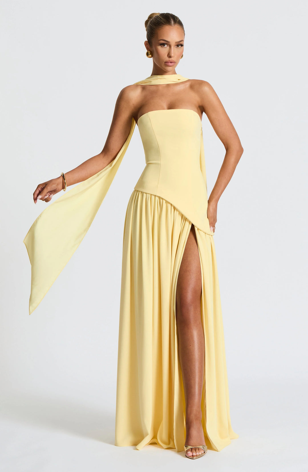 Bianca - Long strapless corset dress with scarf detail and high slit