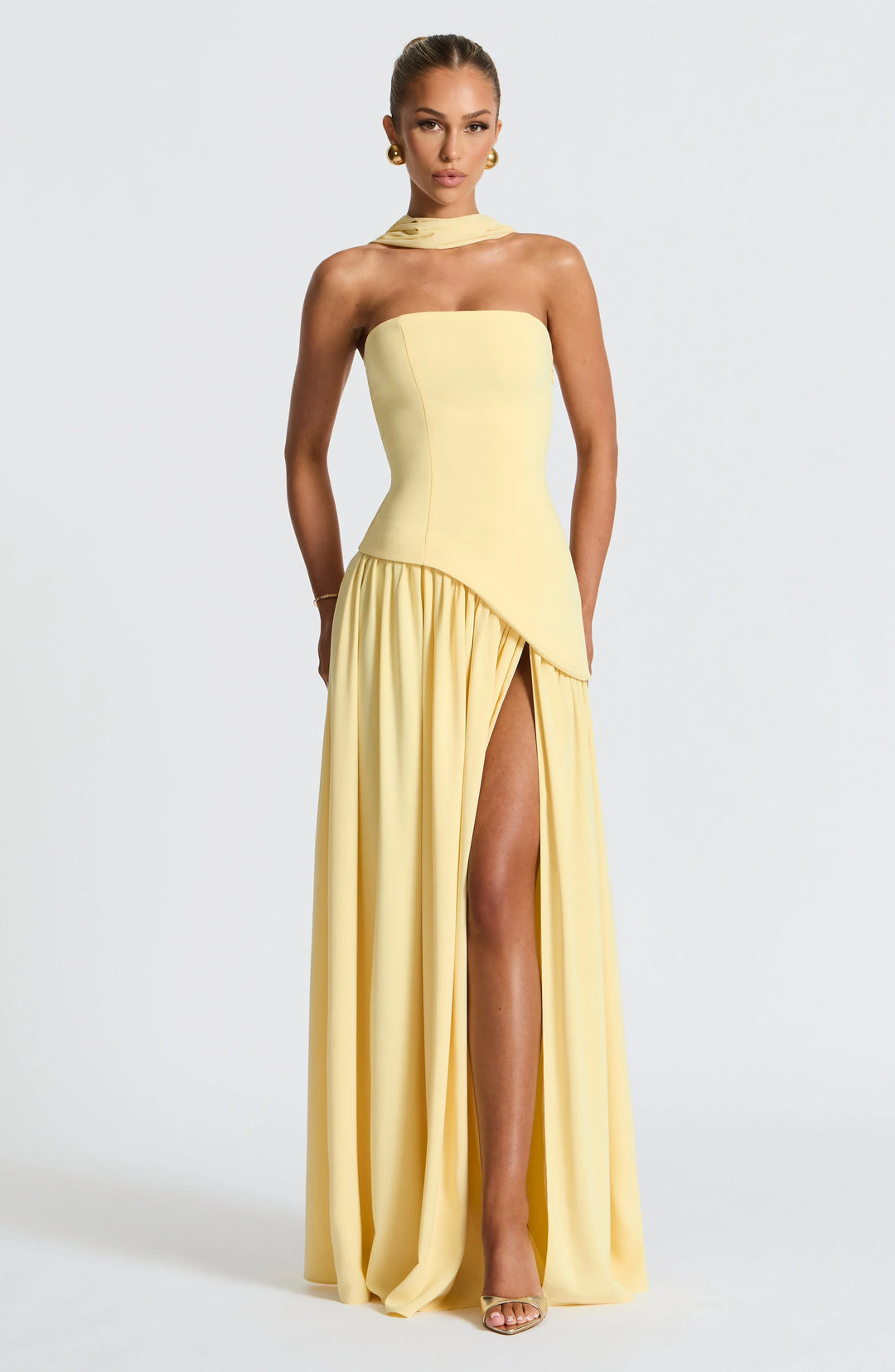 Bianca - Long strapless corset dress with scarf detail and high slit