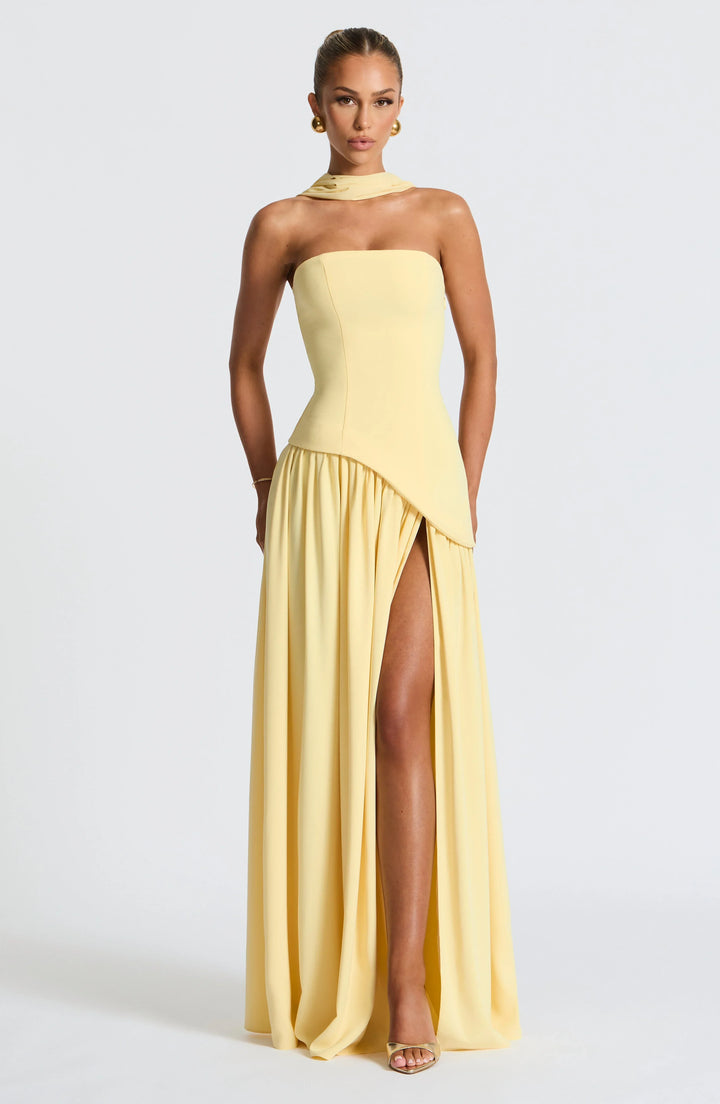 Bianca - Long strapless corset dress with scarf detail and high slit