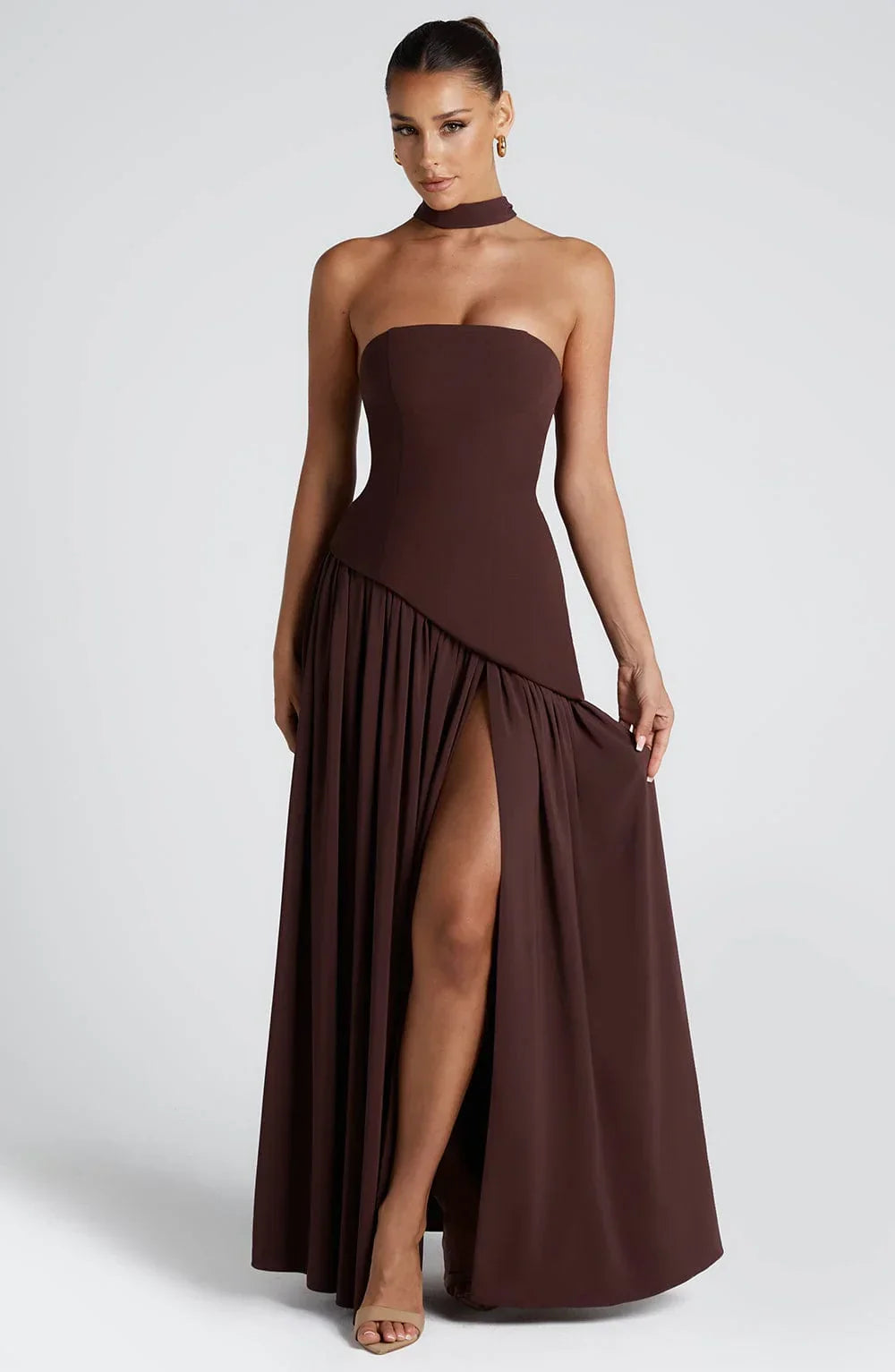 Bianca - Long strapless corset dress with scarf detail and high slit