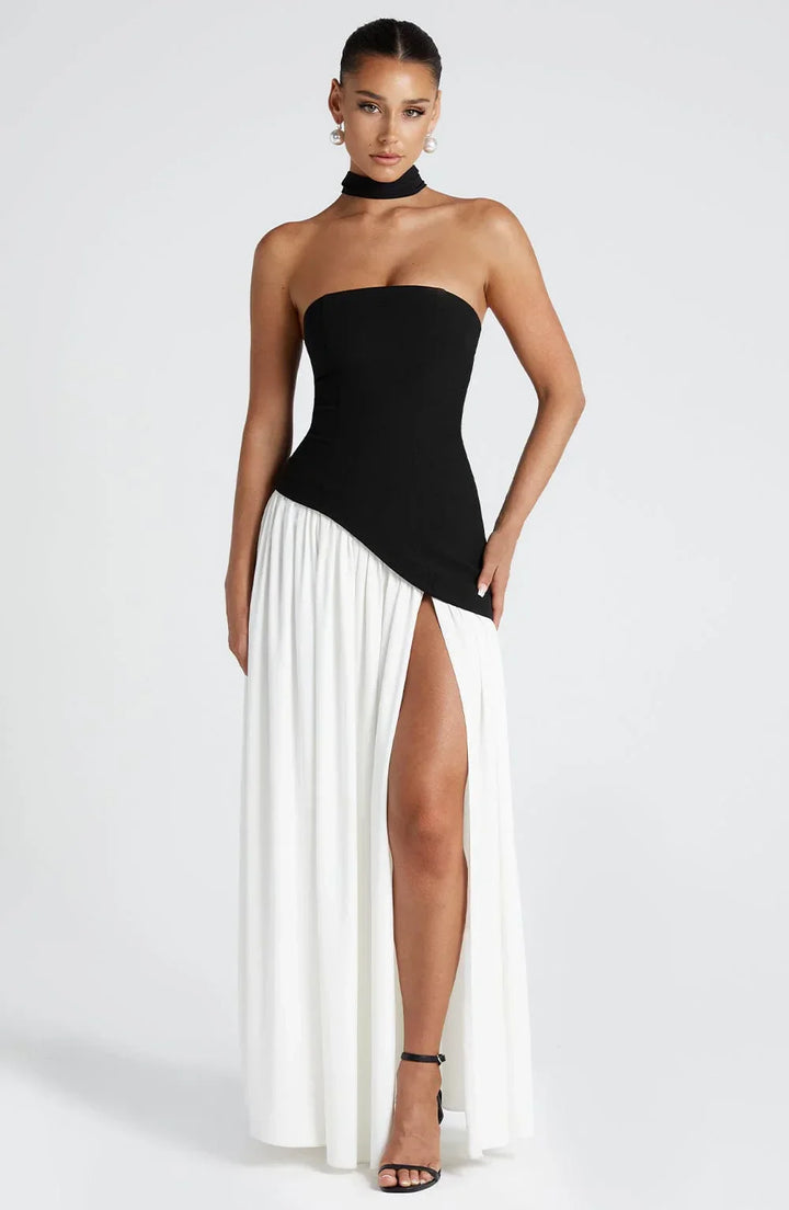 Bianca - Long strapless corset dress with scarf detail and high slit